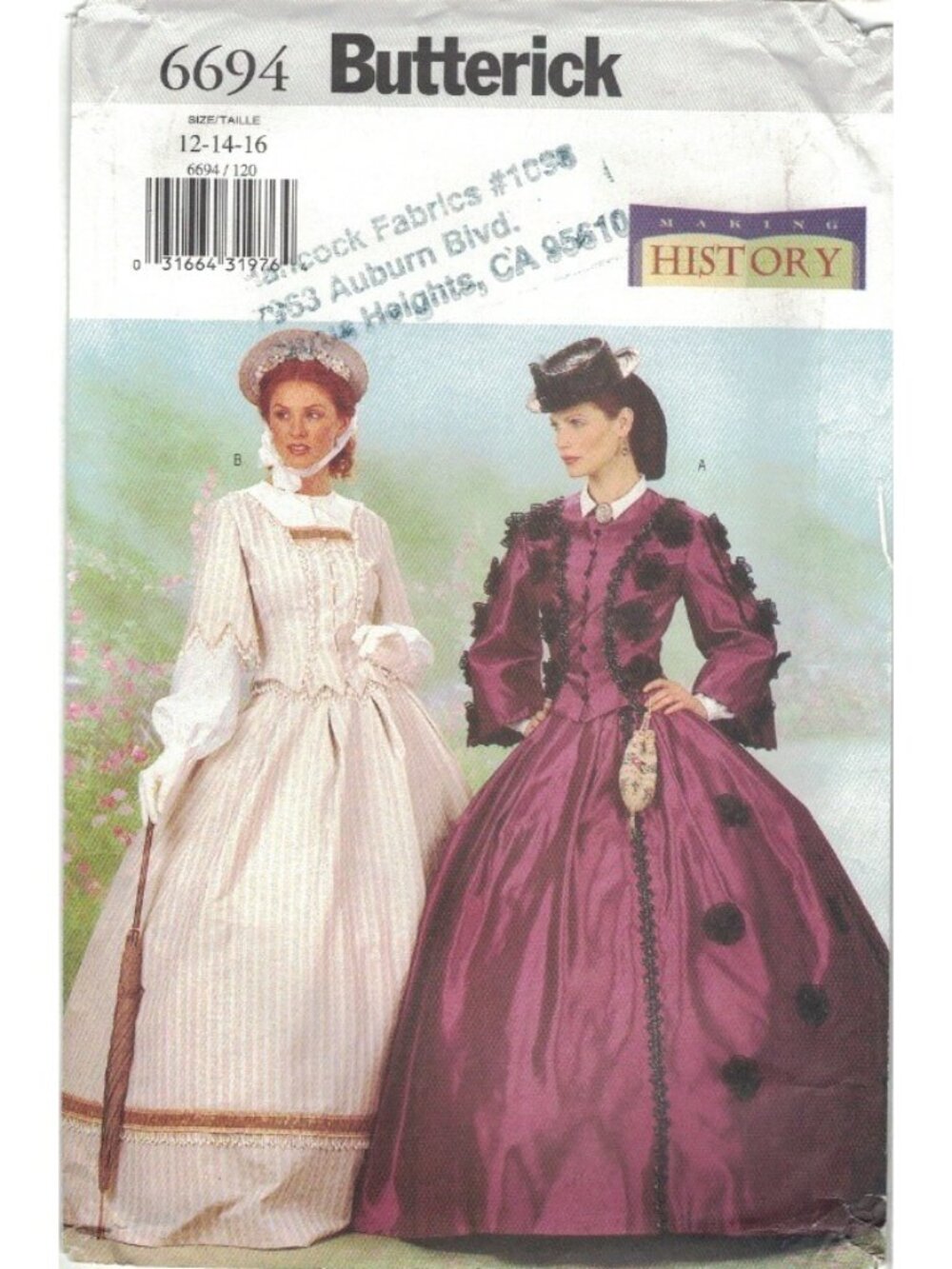 Butterick 6694 Civil War Victorian Day Dress Costume Pattern Size 12-16 Uncut
